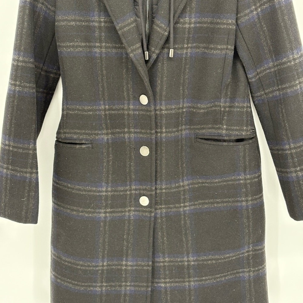🧲 IKKS Black blue and Gray Plaid wool blend coat w zip out black puffer hoodie - Picture 2 of 12